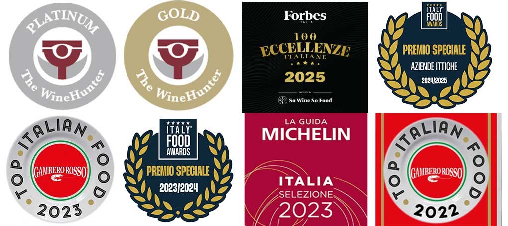 Riconoscimenti Salumi di Mare: The WineHunter Platinum e Gold, Forbes Italia 100 Eccellenze Italiane 2025, Italy Food Awards 2024/2025 e 2023/2024, Gambero Rosso Top Italian Food 2025 e 2022, Guida Michelin Italia selezione 2023.